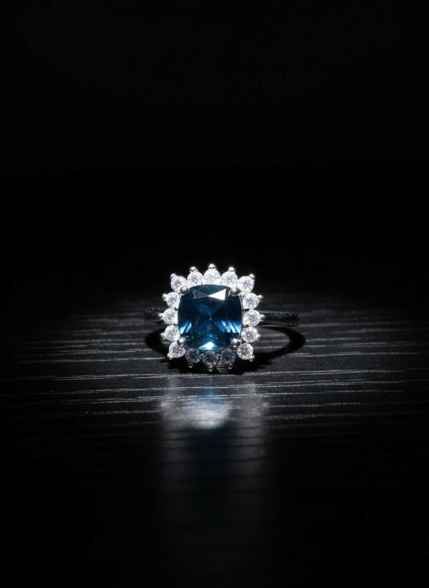Cushion-Cut Blue Halo Ring