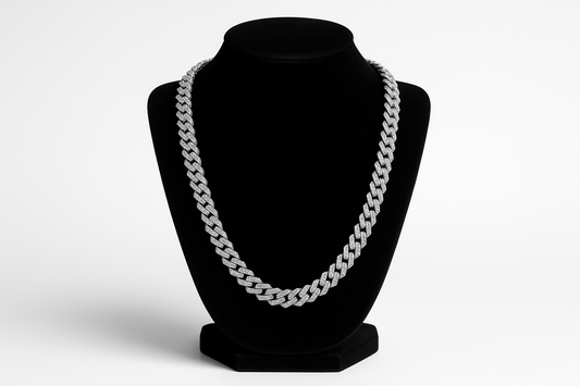 Diamond Cuban chain necklace displayed on jewelry stand - full view